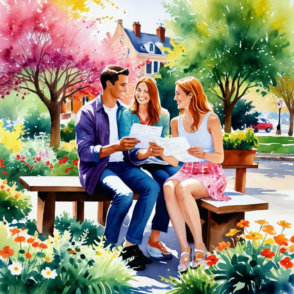 A warm, inviting scene of a couple joyfully discussing their insurance options in a sunlit park filled with blooming flowers. One partner is holding a clipboard while the other gestures towards a vibrant chart showing policy benefits. A soft breeze makes the leaves rustle, enhancing the atmosphere of love and investment in their future. The background features a cozy café, symbolizing comfort in making choices. watercolor painting. warm and vibrant colors.