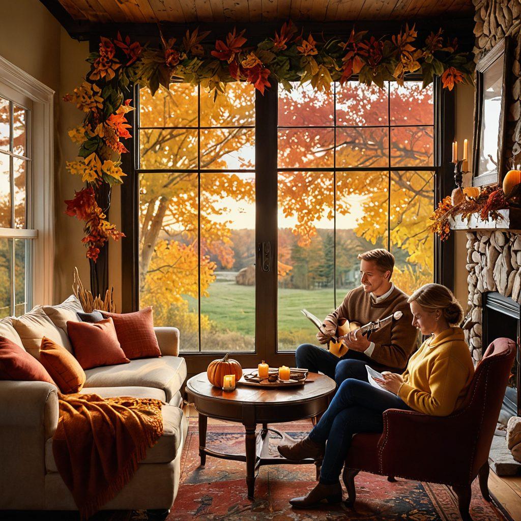 A cozy autumn scene featuring a couple joyfully reviewing insurance papers by a fireplace, surrounded by vibrant fall leaves and warm pumpkin decorations. The couple appears relaxed and happy, symbolizing peace of mind in their insurance choice. A golden sunset filters through the window, enhancing the warm atmosphere. super-realistic. vibrant colors. autumn theme.